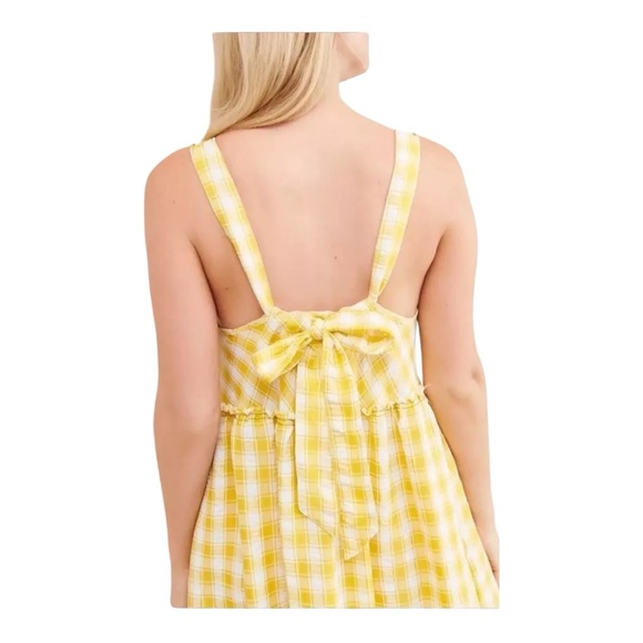 Free People Beach Club Yellow Gingham Tiered Maxi Dress Gauze Beachy Summer Sz L - Picture 2 of 6